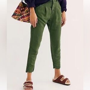 Free People Daytona Harem Green Button Fly Linen Blend Pant Women's Size 0